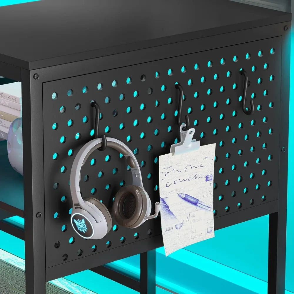 L Shaped Gaming Desk, Power Outlets & LED Strip, Monitor Shelf, Keyboard Tray, Pegboard and Storage Shelves, Reversible Desk