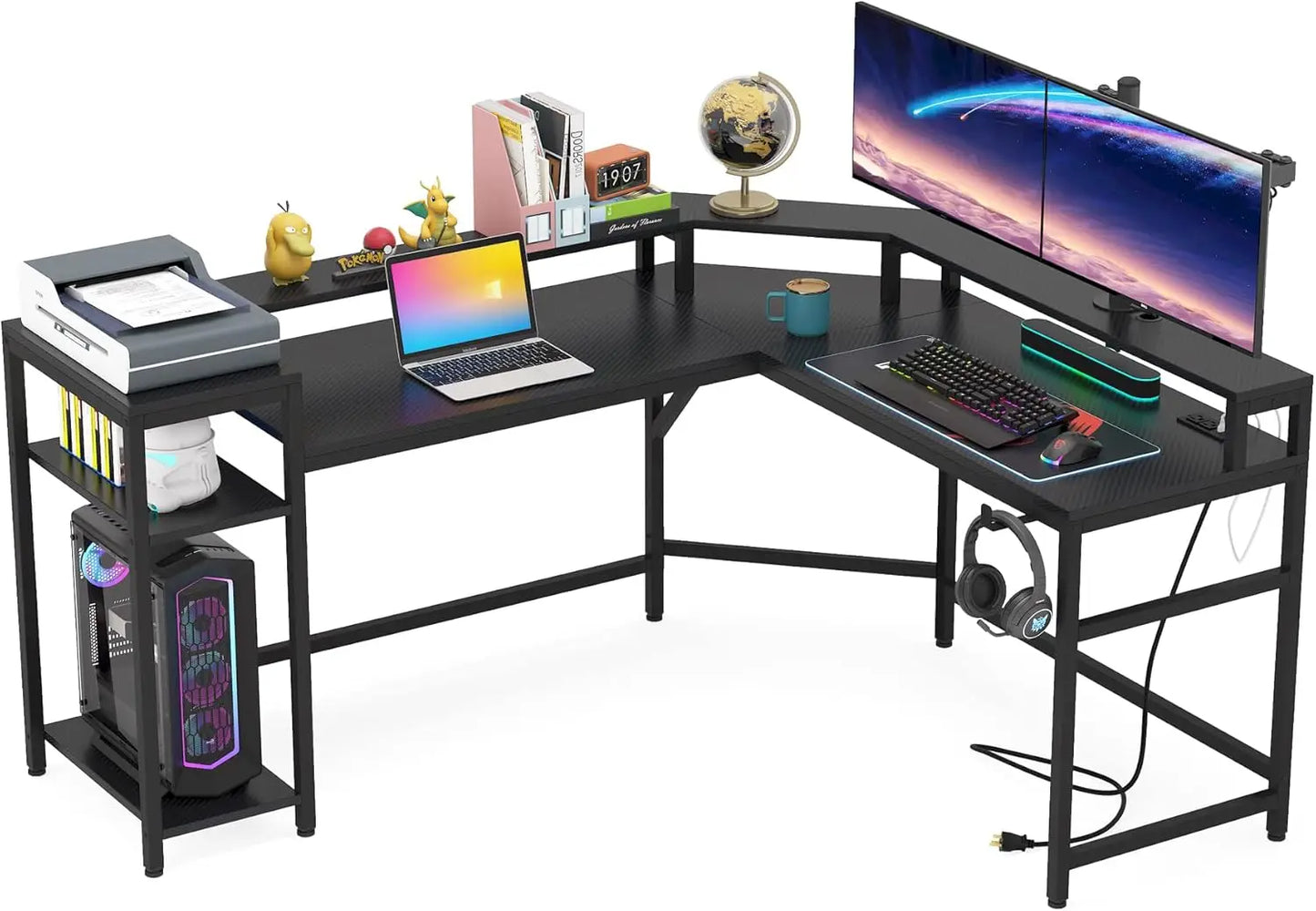 L-Shaped Gaming Desk with Power Outlets & LED Strips and Storage Shelves, Corner Computer Desk with Monitor Stand, Home Office