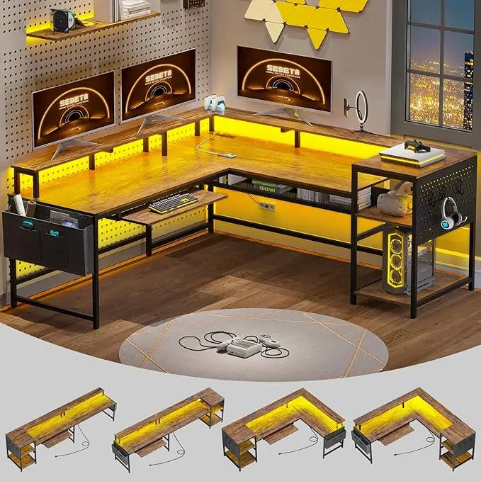 L Shaped Gaming Desk, Power Outlets & LED Strip, Monitor Shelf, Keyboard Tray, Pegboard and Storage Shelves, Reversible Desk